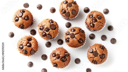 Chocolate chip muffins arranged in rows with scattered chocolate chips on a white background.