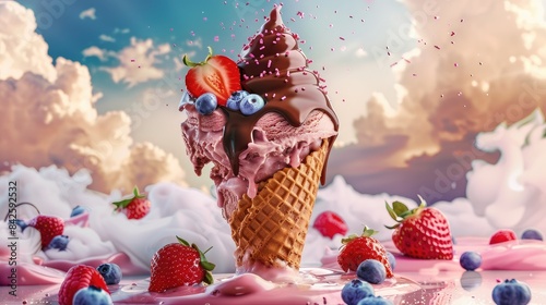 Photorealistic giant ice cream cone, melting chocolate, strawberry, blueberry, white clouds backdrop