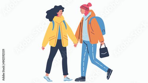 Two people walking holding hands, casual winter clothing, modern style. Friends enjoying stroll, happy expressions, contemporary fashion illustration. Couple walk, colorful jackets, jeans, sneakers