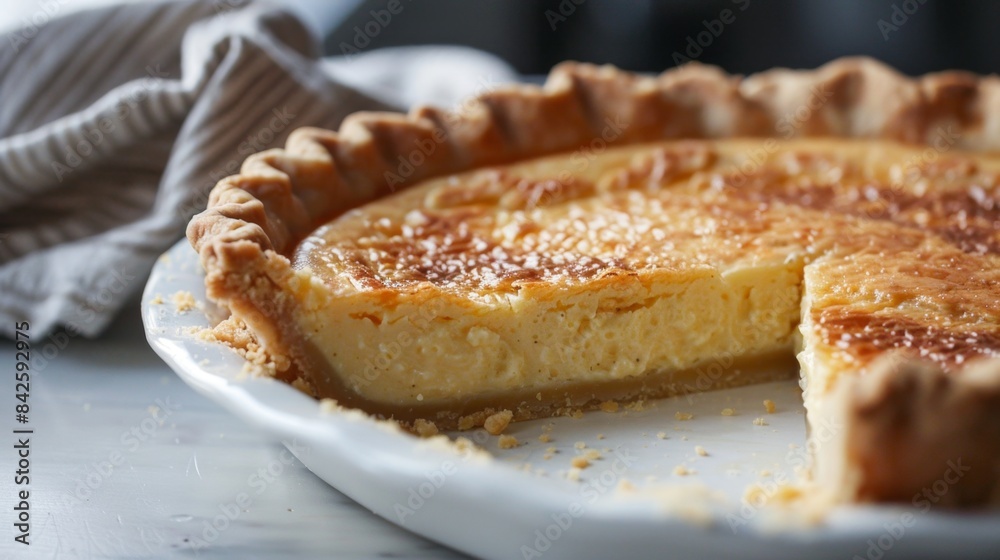 Homemade Pumpkin Pie on Festive Tablecloth. Vanilla Bean Buttermilk Pie Homemade Pumpkin Pie on Festive Tablecloth. Vanilla Bean Buttermilk Pie