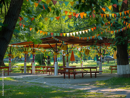 Summer city park decorated for a holiday, festival, decorative ornaments, flags, garlands, flowers, alleys, fairgrounds © Elena