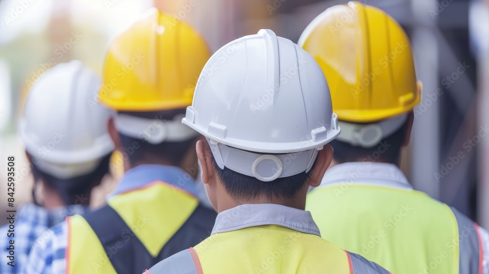 Construction Site Safety Team of Engineers wearing White and Yellow Safety Helmets Construction Site Safety Team of Engineers wearing White and Yellow Safety Helmets