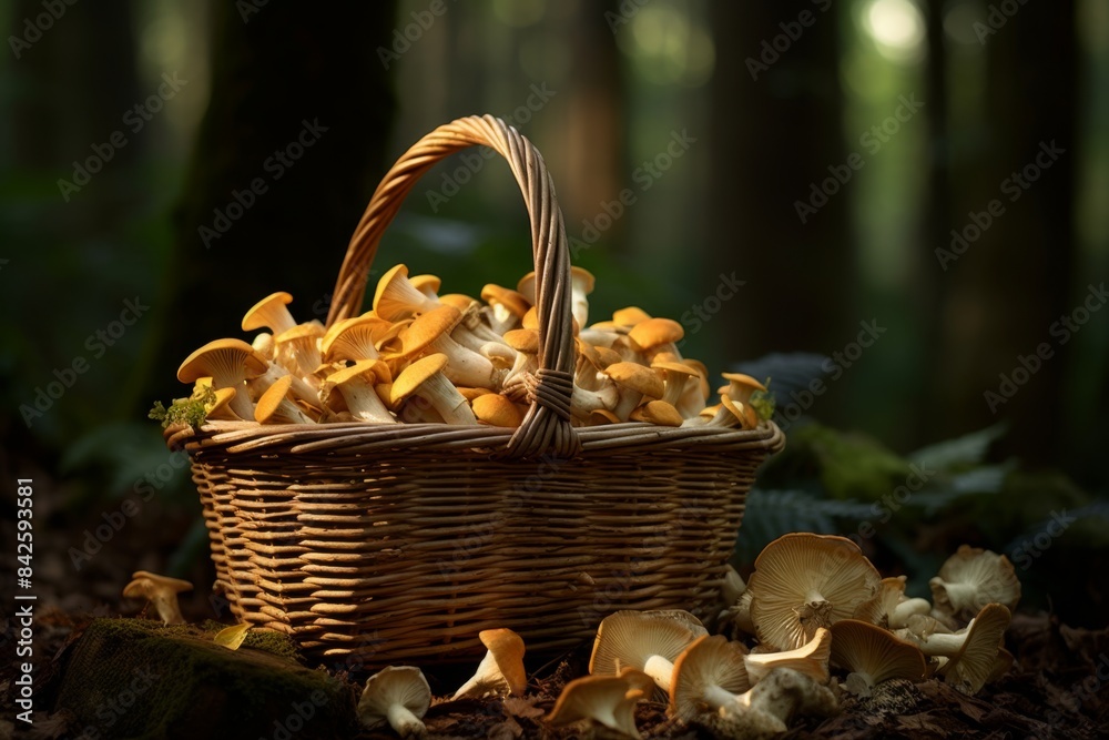 Basket of Freshly Picked Mushrooms in the Forest Basket of Freshly Picked Mushrooms in the Forest