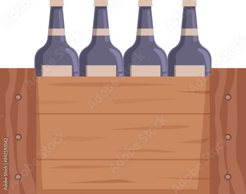 Four dark glass bottles with blank labels are standing inside a wooden crate