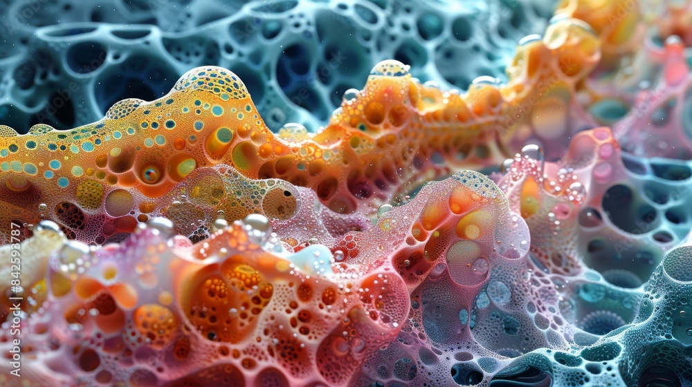 Abstract colorful 3D digital render of a vibrant, bubbly, textured surface with a unique organic pattern and iridescent, glowing light. Abstract colorful 3D digital render of a vibrant, bubbly, textured surface with a unique organic pattern and iridescent, glowing light.