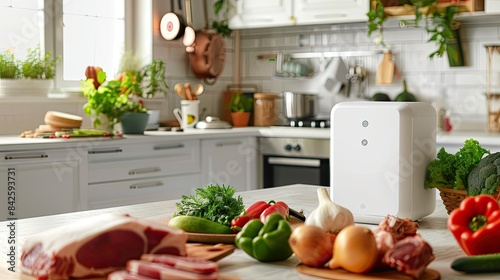 White air purifier in a kitchen with an array of vegetables and meat around it, colorful decor photo
