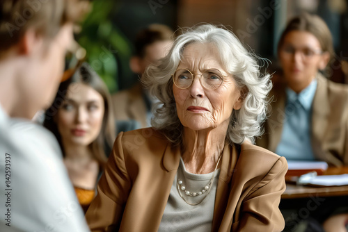 An elderly woman in a diverse group actively participates in a respectful conversation  sharing her wisdom and nurturing a meaningful exchange with a younger individual