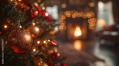 Cozy Christmas Scene with Tree and Fireplace - a warm and cozy home environment. This photo is perfect for Christmas cards, home decor ads, and festive promotional materials.