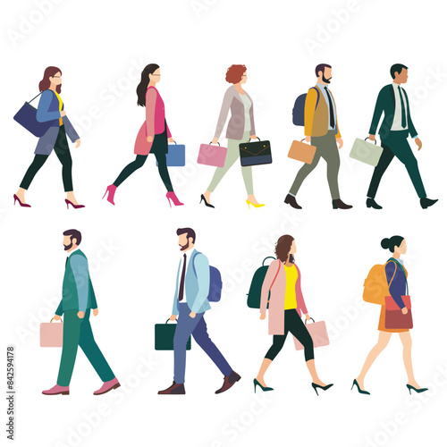People walking side side, business attire, men women various ethnicities commuting. Adult professionals carrying bags their way work, diverse group, flat design. Casual formal wear, commuting scene