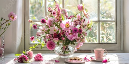 pink and purple rose hellebore boho flower arrangements glass crystal vase, ai © Rachel Yee Laam Lai
