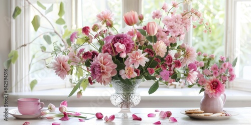 pink and purple rose hellebore boho flower arrangements glass crystal vase, ai