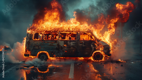 van burning in fire