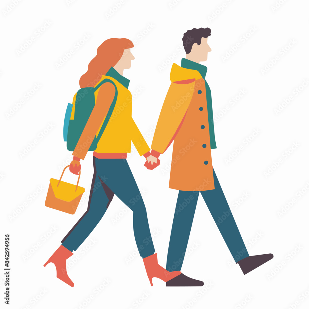 Man woman walking together, couple holding hands, fashionable autumn clothing. Young adults stroll side side, casual fall fashion, relationship bond concept. Cartoon characters stroll, modern style Man woman walking together, couple holding hands, fashionable autumn clothing. Young adults stroll side side, casual fall fashion, relationship bond concept. Cartoon characters stroll, modern style