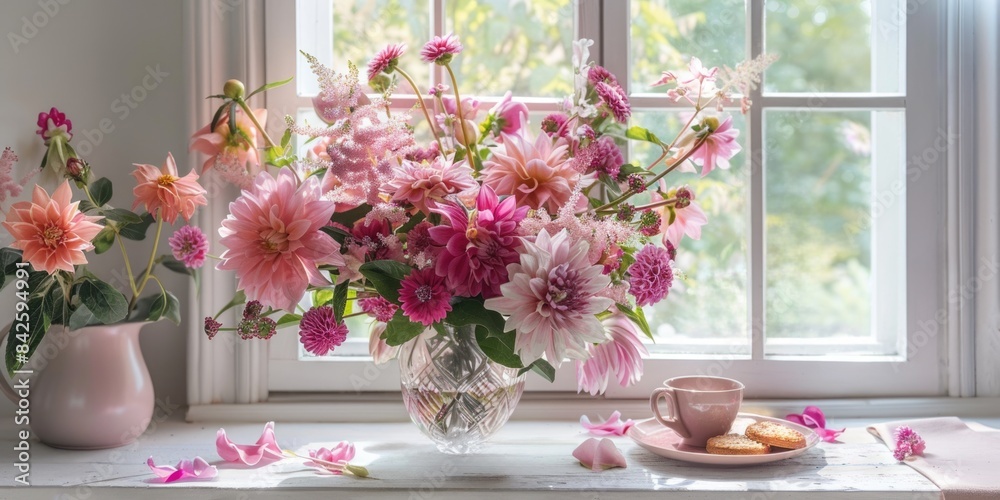 pink and purple rose hellebore boho flower arrangements glass crystal vase, ai pink and purple rose hellebore boho flower arrangements glass crystal vase, ai