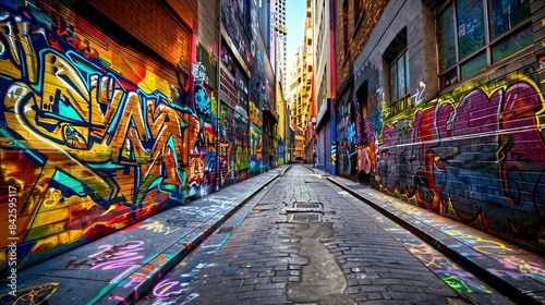 The vibrant colors and textures of graffiti art adorning city walls. AI generate illustration