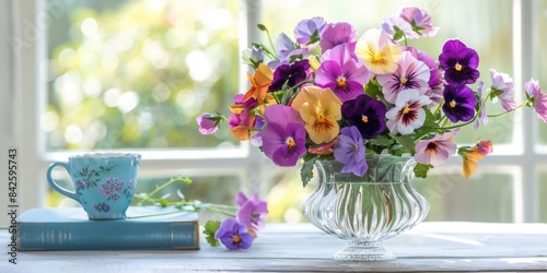 Wallpaper Mural purple and blue pansies glass crystal vase, ai Torontodigital.ca