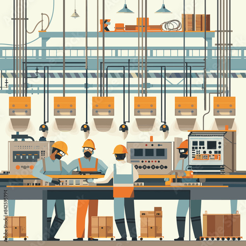 Workers factory control room monitoring production line, operating machinery, industrial setting. Male employees wearing hard hats, safety vests, working together, machinery operation. Engineers