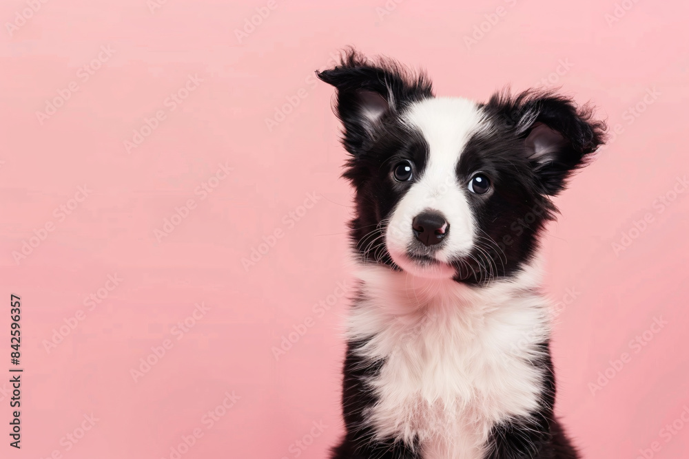 A cute Border Collie puppy sits adorably on a solid pastel pink background, its fluffy black and white fur contrasting beautifully with the soft pink hue. The puppy's bright, curious eyes and perky A cute Border Collie puppy sits adorably on a solid pastel pink background, its fluffy black and white fur contrasting beautifully with the soft pink hue. The puppy's bright, curious eyes and perky