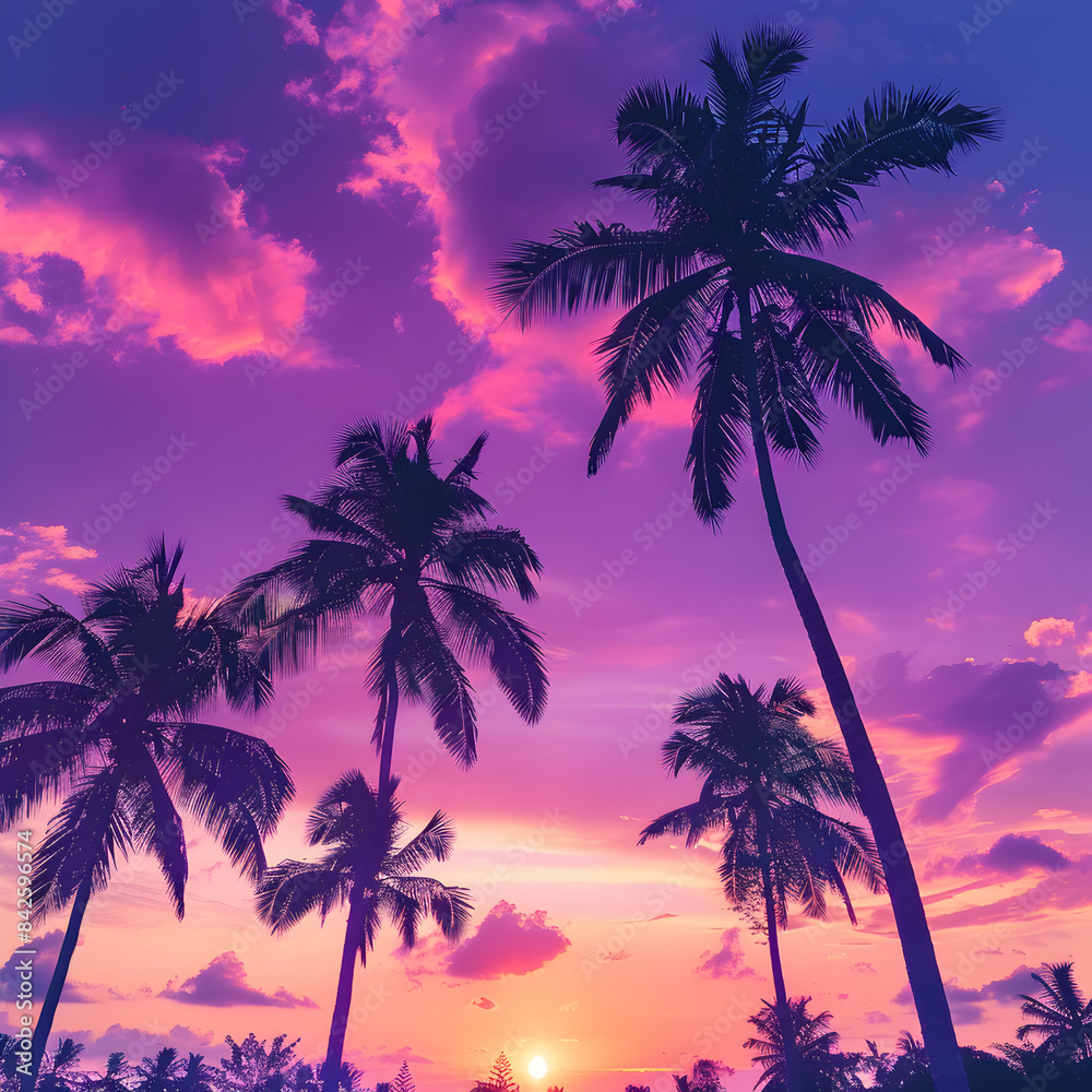Naklejka premium Sunset and Palm Trees Summer.