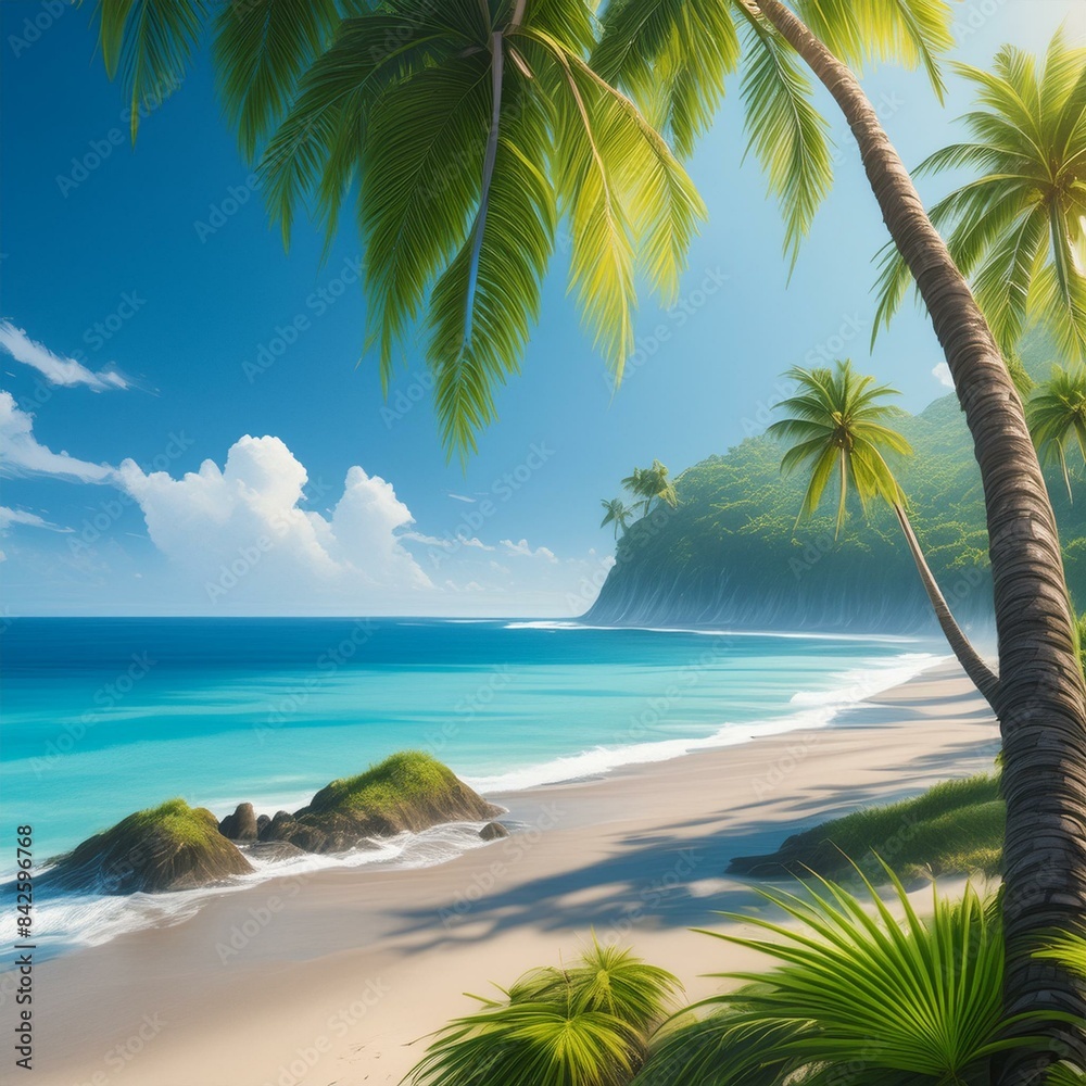 Fototapeta premium Tropical paradise beach, beautiful magical palm trees hanging on the seashore.