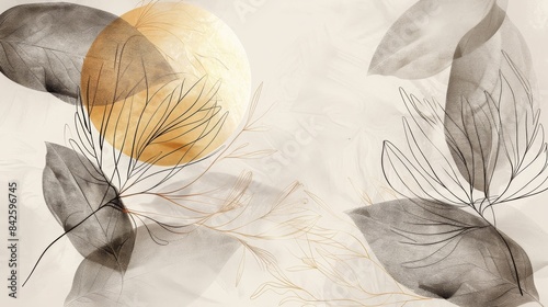 Modern Minimalist Botanical Art, Abstract Leaves and Gold Elements, Contemporary Wall Decor, Design Print Poster