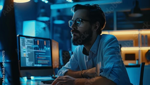 Focused Programmer in a Blue Lit Office