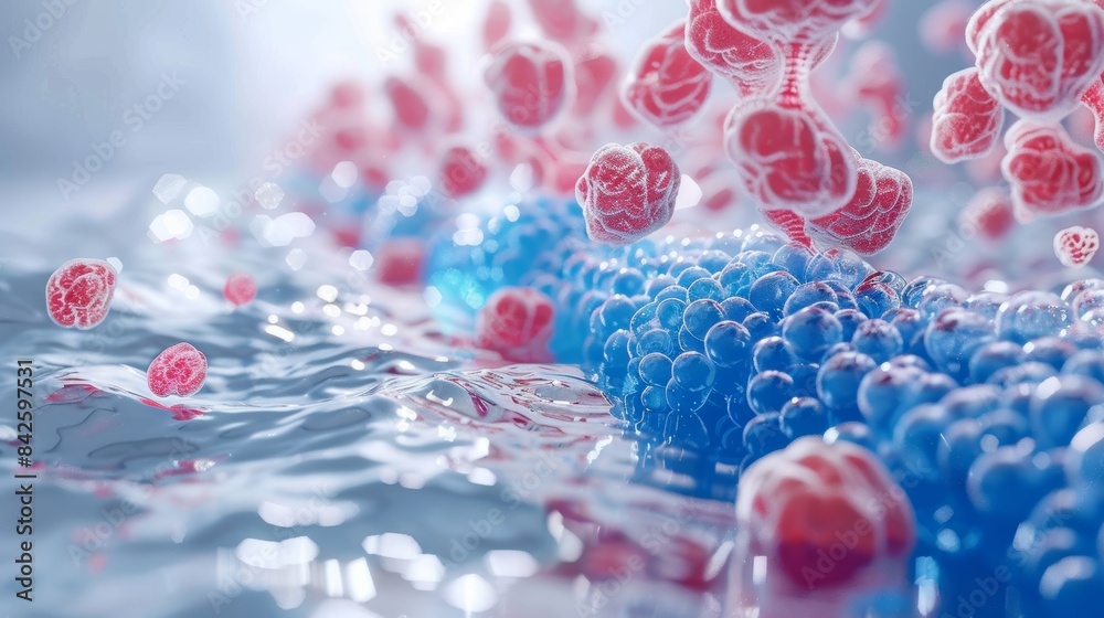 Abstract 3D rendering of a cluster of red and blue cells floating in water, a visual metaphor for the complexities of life and the interconnectedness of all things. Abstract 3D rendering of a cluster of red and blue cells floating in water, a visual metaphor for the complexities of life and the interconnectedness of all things.