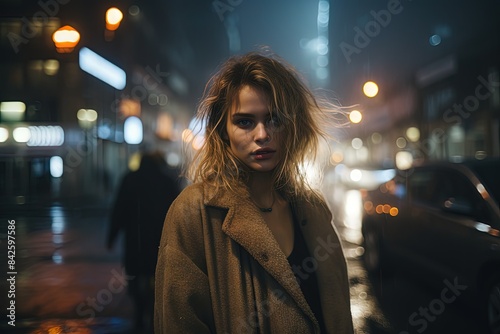 Blonde Woman on City Street at Night: Cinematic Portrait in Wet Brown Coat © João Queirós