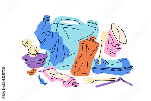 Waste heap. Plastic and paper garbage pile. Trash, litter, used bottles, compressed cups, cardboard boxes, disposable wrapping and packages. Flat vector illustration isolated on white background