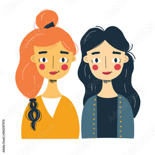 Two illustrated women smiling side side, one orange hair bun, black hair. Cartoon females, casual attire, friendship sisterhood depicted. Simple graphic design, vibrant colors, isolated white