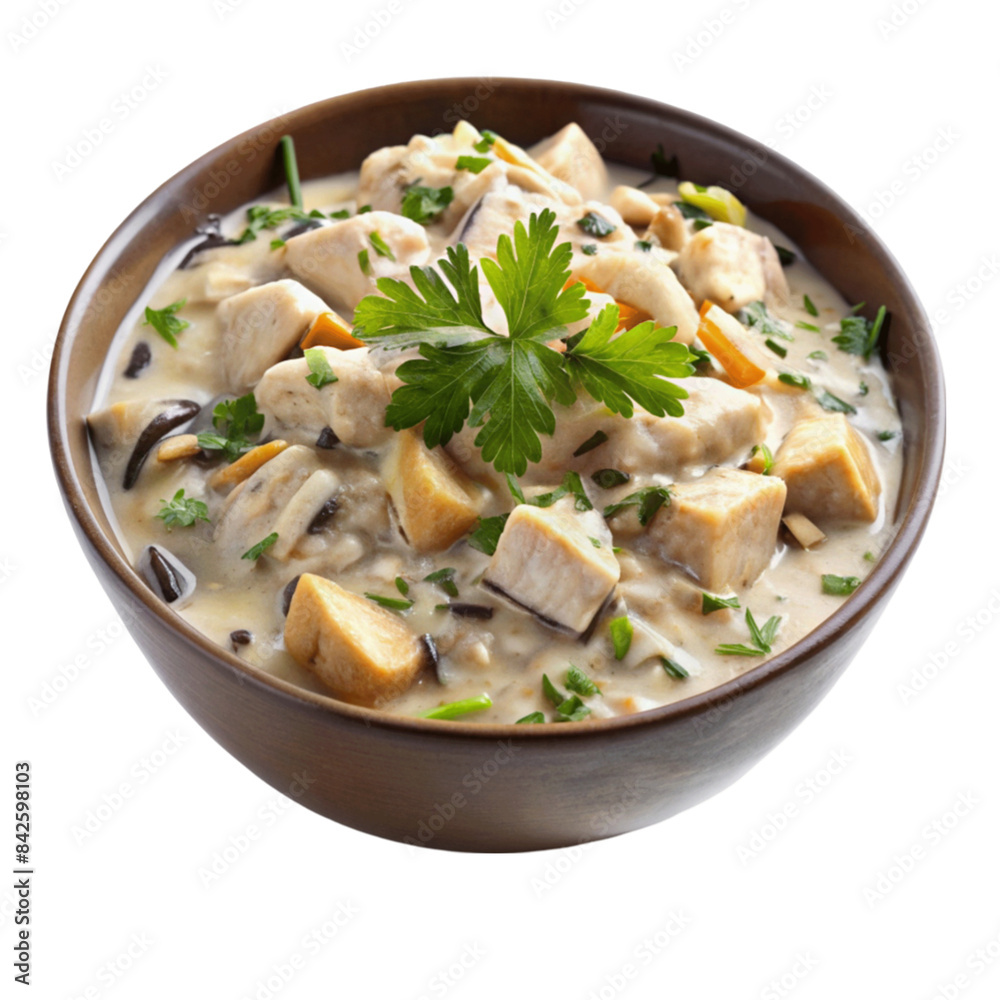 A bowl of creamy chicken and wild rice soup. isolated on Transparent background. A bowl of creamy chicken and wild rice soup. isolated on Transparent background.