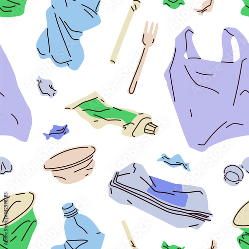 Waste pattern. Plastic and paper garbage background. Seamless endless pollution print with squeezed trash packages, boxes, bags. Recyclable junk, litter. Printable repeating flat vector illustration