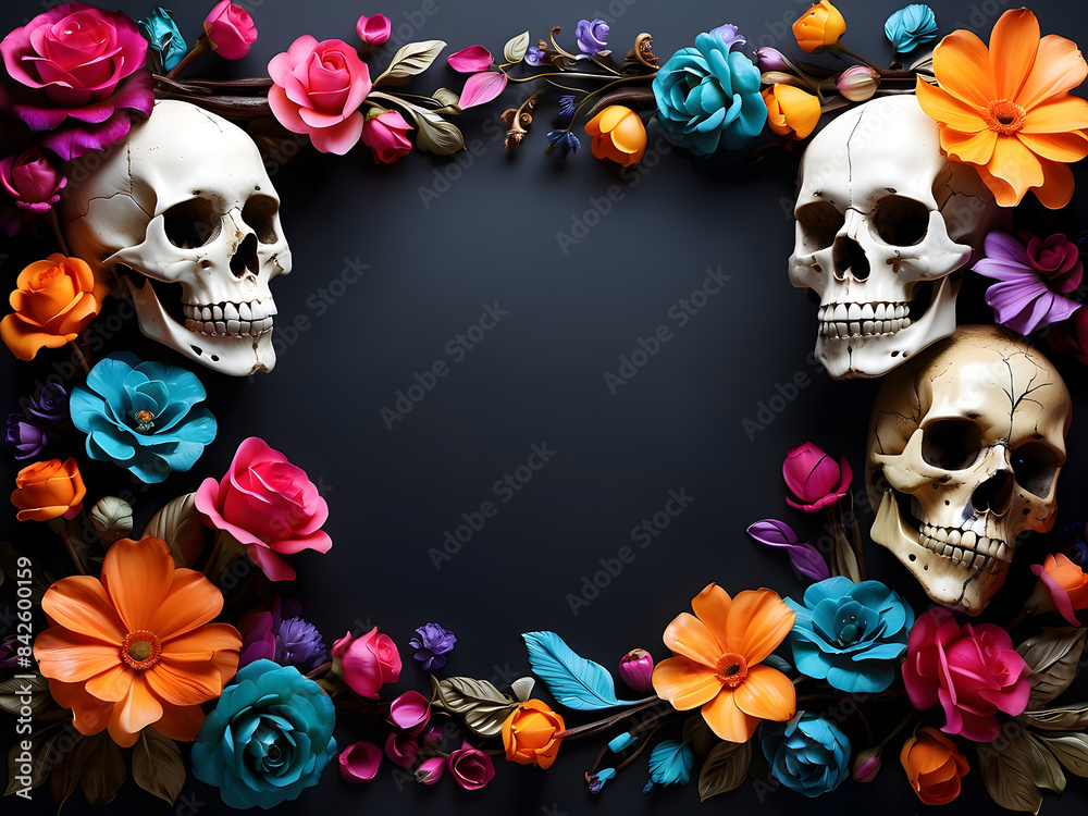 Colorful skulls and flowers frame over a dark background with a copy space design Colorful skulls and flowers frame over a dark background with a copy space design