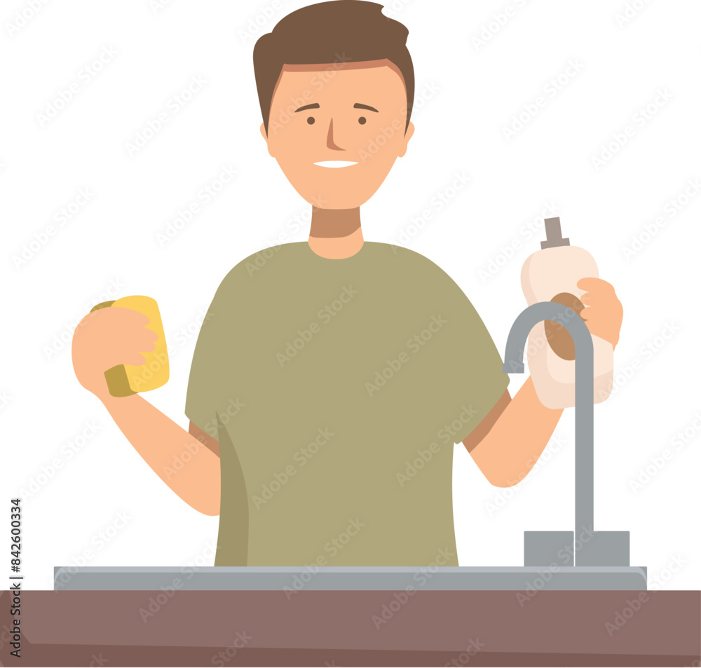Young man happily doing housework, washing dishes in his kitchen Young man happily doing housework, washing dishes in his kitchen