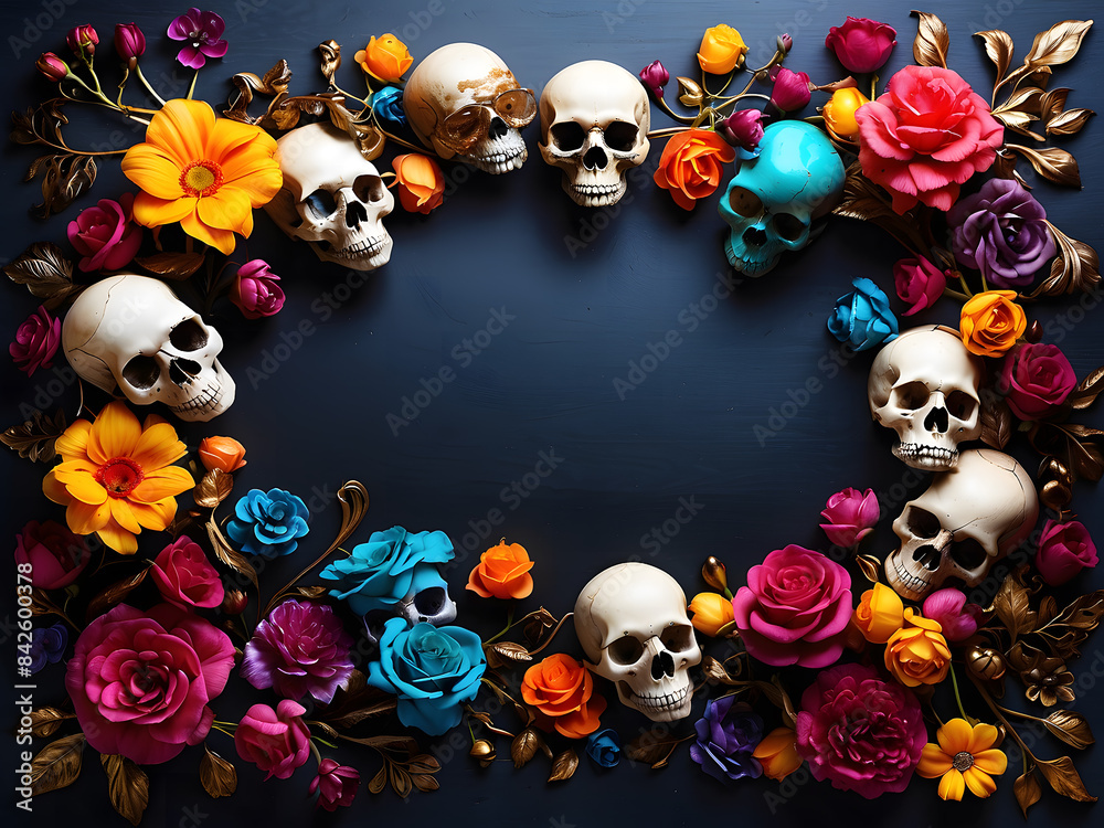 Colorful skulls and flowers frame over a dark background with a copy space design Colorful skulls and flowers frame over a dark background with a copy space design