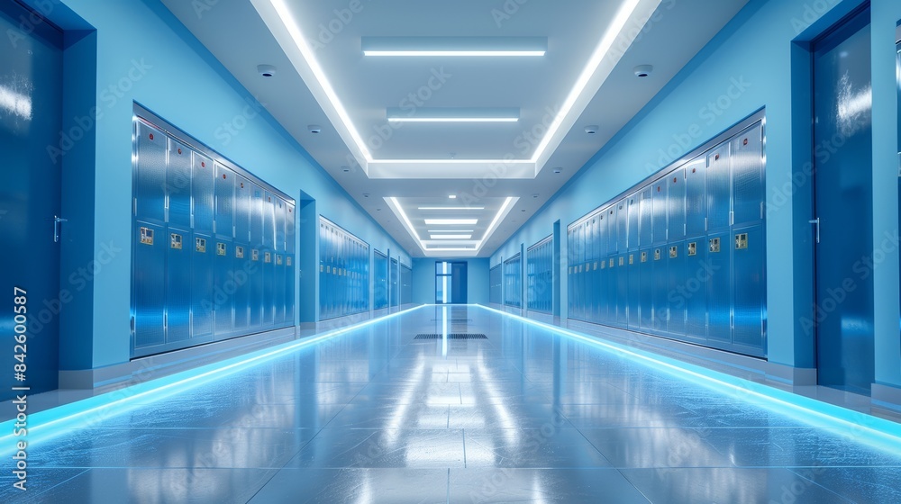 Blue Lockers, Blue Walls, and Bright Lights - A Modern and Minimalist Hallway with a Touch of Sci-Fi Blue Lockers, Blue Walls, and Bright Lights - A Modern and Minimalist Hallway with a Touch of Sci-Fi