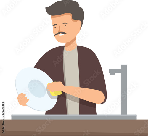 Young man is carefully washing a plate in the sink, using a sponge and soap