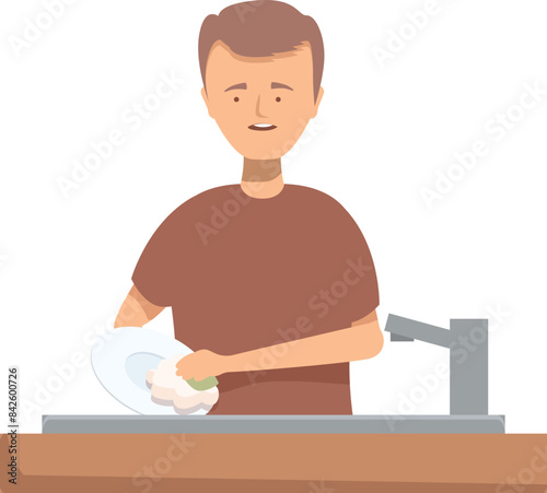 Young man is carefully washing dishes in a kitchen sink, using a sponge and soap
