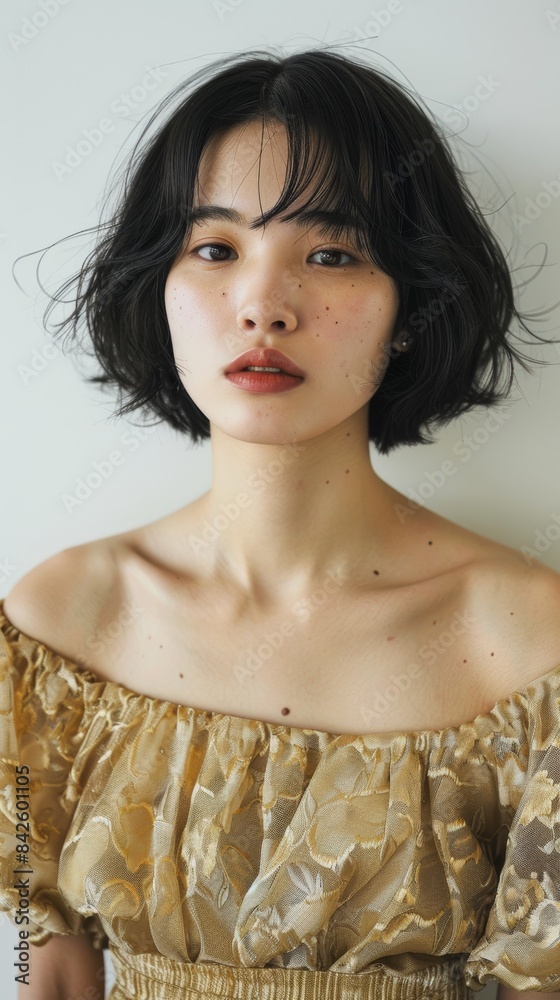 Elegant portrait of a young Asian woman with a black bob haircut, wearing a golden dress. Minimalistic portrait of a Japanese young woman in a light studio Elegant portrait of a young Asian woman with a black bob haircut, wearing a golden dress. Minimalistic portrait of a Japanese young woman in a light studio