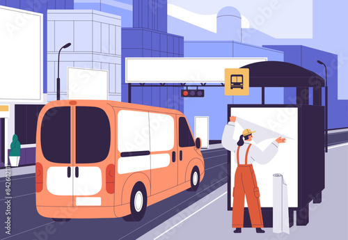 Billboard advertising installation at city bus stop. Worker installing, pasting blank advertisement poster, attaching vertical promotion banner on street commercial board. Flat vector illustration