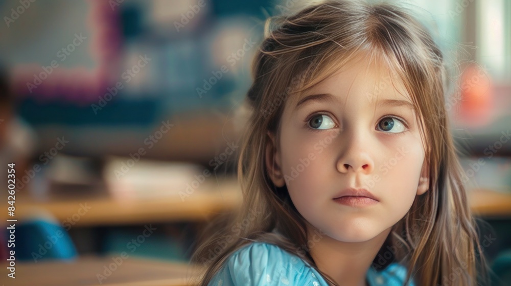 Schoolgirl with focused expression in blurred classroom background Schoolgirl with focused expression in blurred classroom background