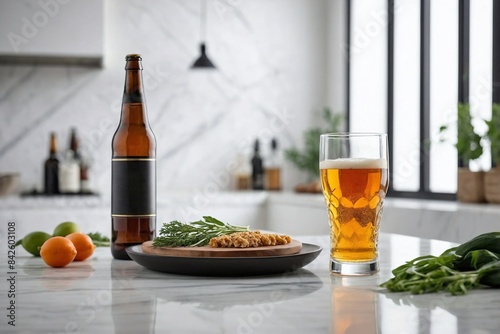 Minimalist Home Setting: a glass of lager on a white marble countertop with a minimalist design.