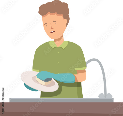 Young man is diligently washing dishes in the kitchen, wearing gloves and carefully cleaning a plate