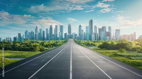 bird s eye view of an empty highway road leading to a futuristic tech city with tall skyscrapers in the distance on a sunny day and 100 years in the future  besides the road there is nature 