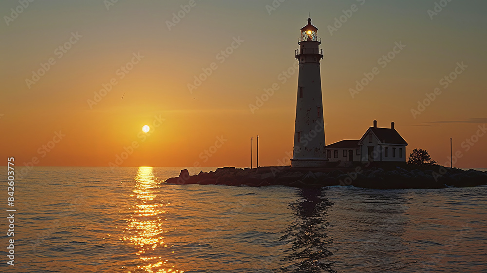 A lighthouse is on a rocky island in the ocean A lighthouse is on a rocky island in the ocean