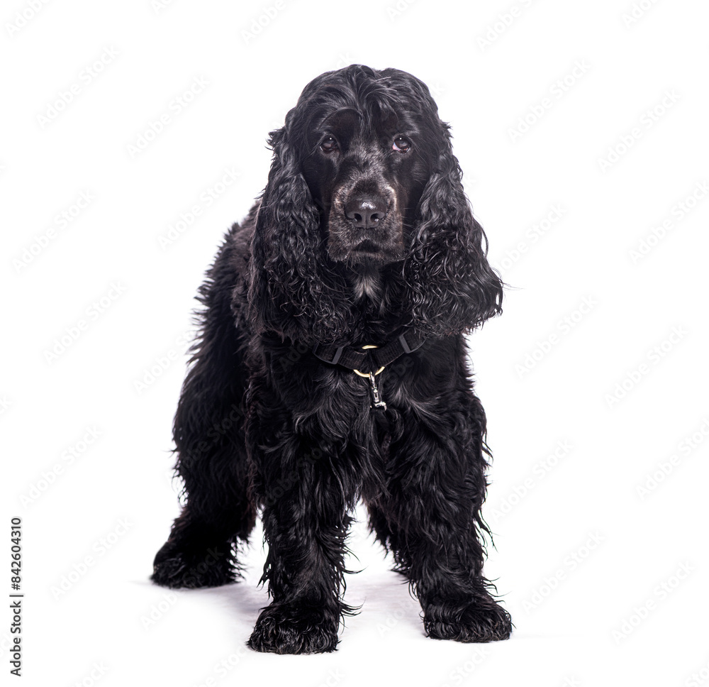 Black english cocker spaniel standing and looking at camera Black english cocker spaniel standing and looking at camera