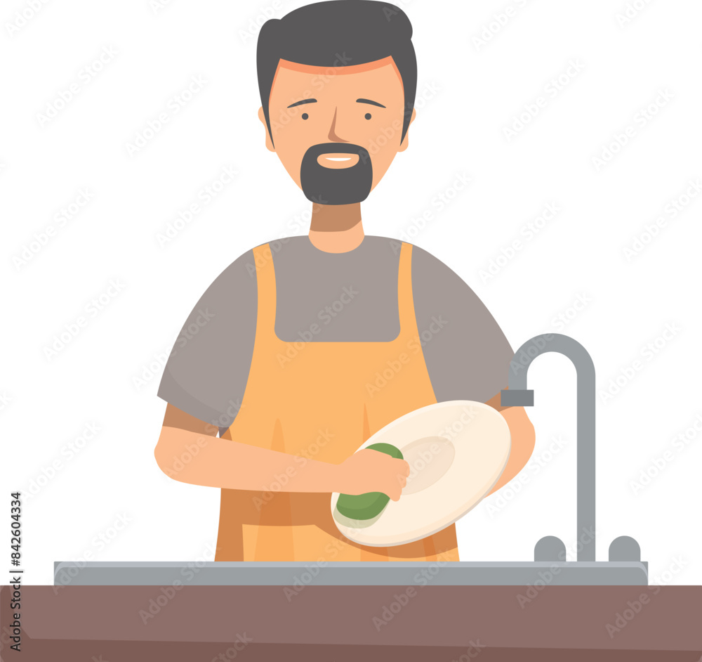 Bearded man wearing apron washing dishes in the kitchen sink Bearded man wearing apron washing dishes in the kitchen sink