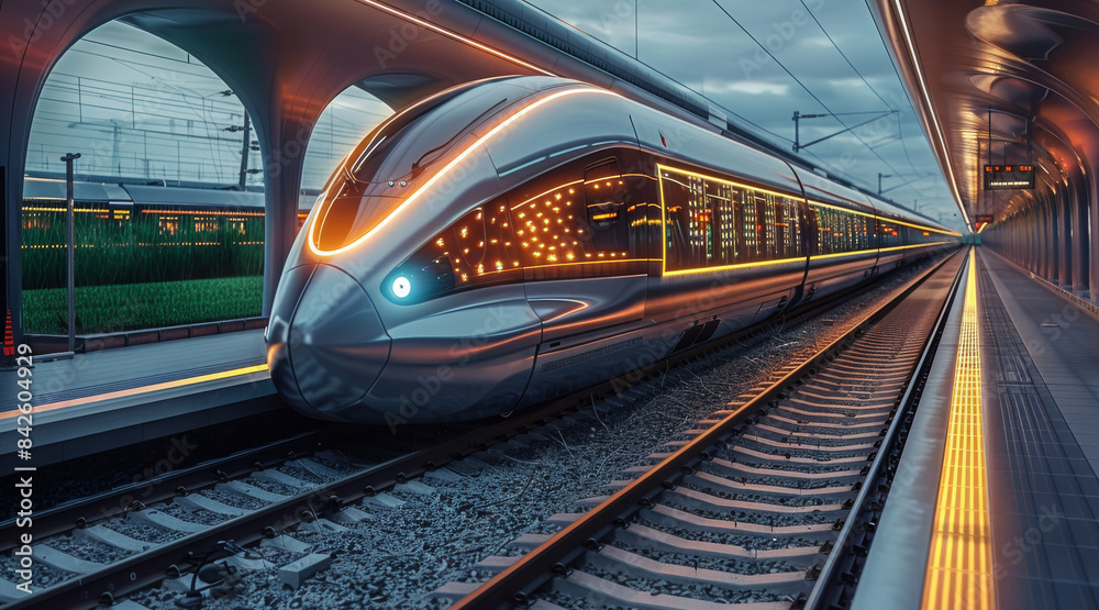 Fototapeta premium A hydrogen powered ultra modern train. Generative AI.