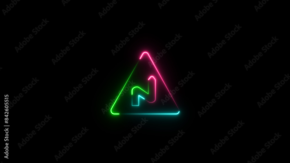 Neon triangular road sign . Glowing curves road sign. Triangle warning road sign. Road warning sign. Neon triangular road sign . Glowing curves road sign. Triangle warning road sign. Road warning sign.