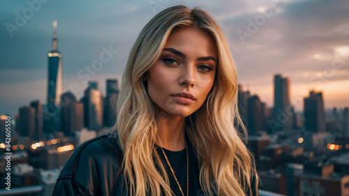 Stunning portrait of a beautiful blonde female influencer and model blonde hair highlights © The A.I Studio